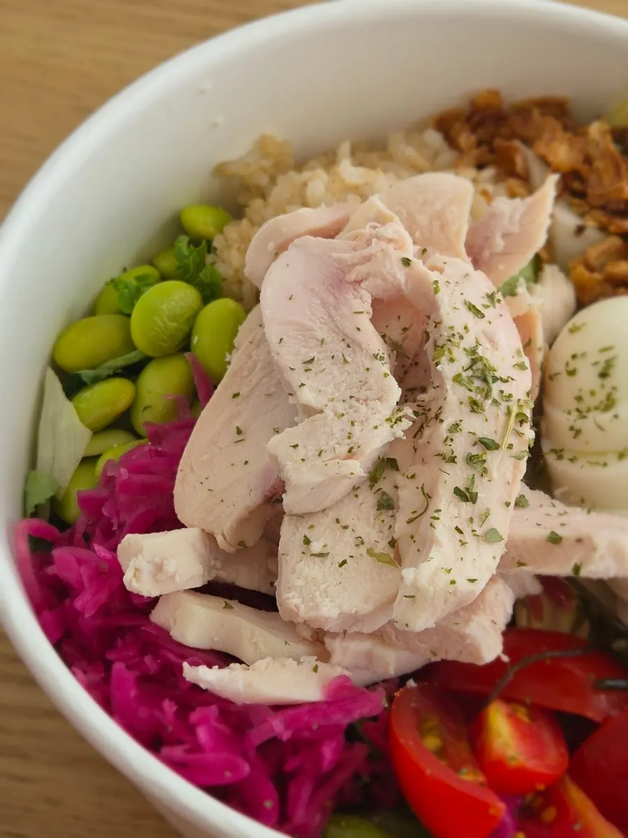 Chicken breast egg poke served with soy sauce
