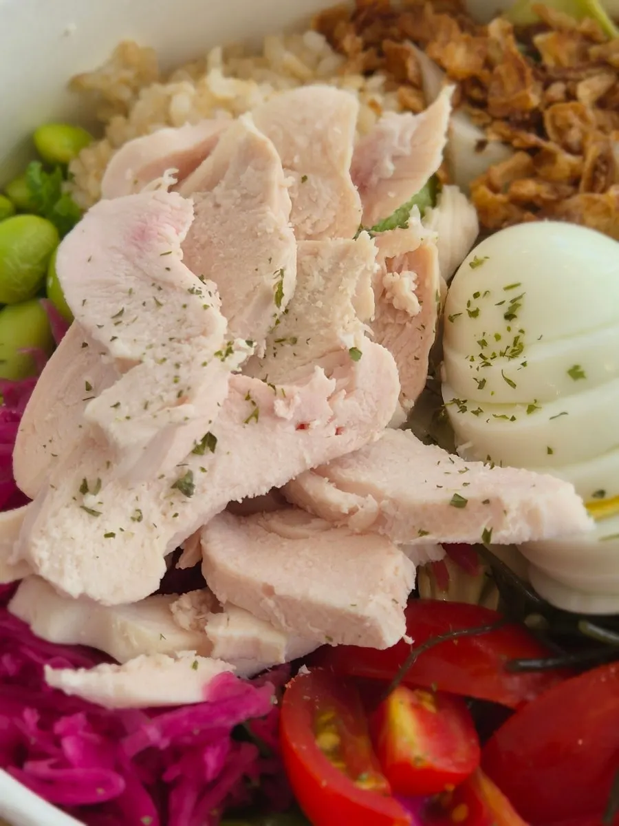 Chicken breast egg poke mixed together