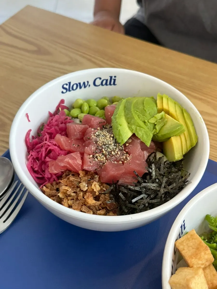 Close-up of the bowl with sauce drizzled on top