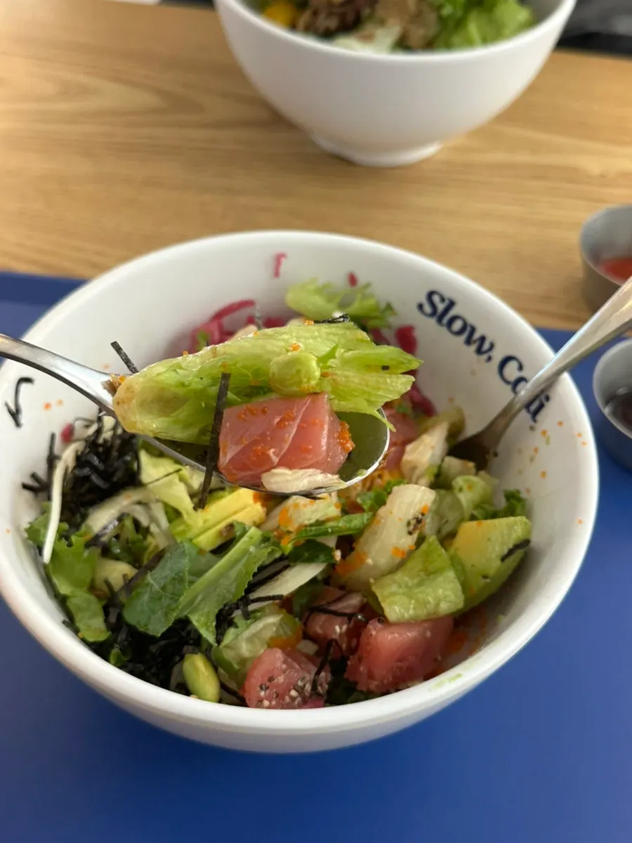Steak bowl with brown rice base mixed together