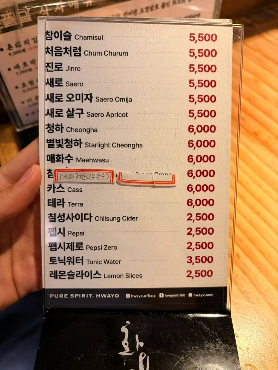 Menu board with chondwaeji kimchi jjigae and rice dishes
