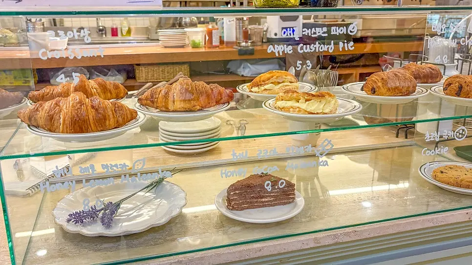Bakery desserts in the display case