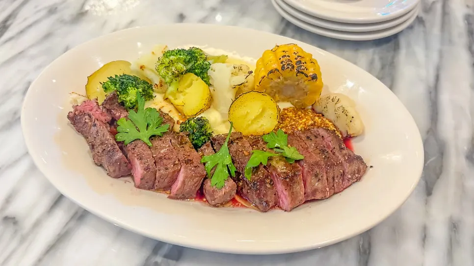 A full spread of the generous steak plate