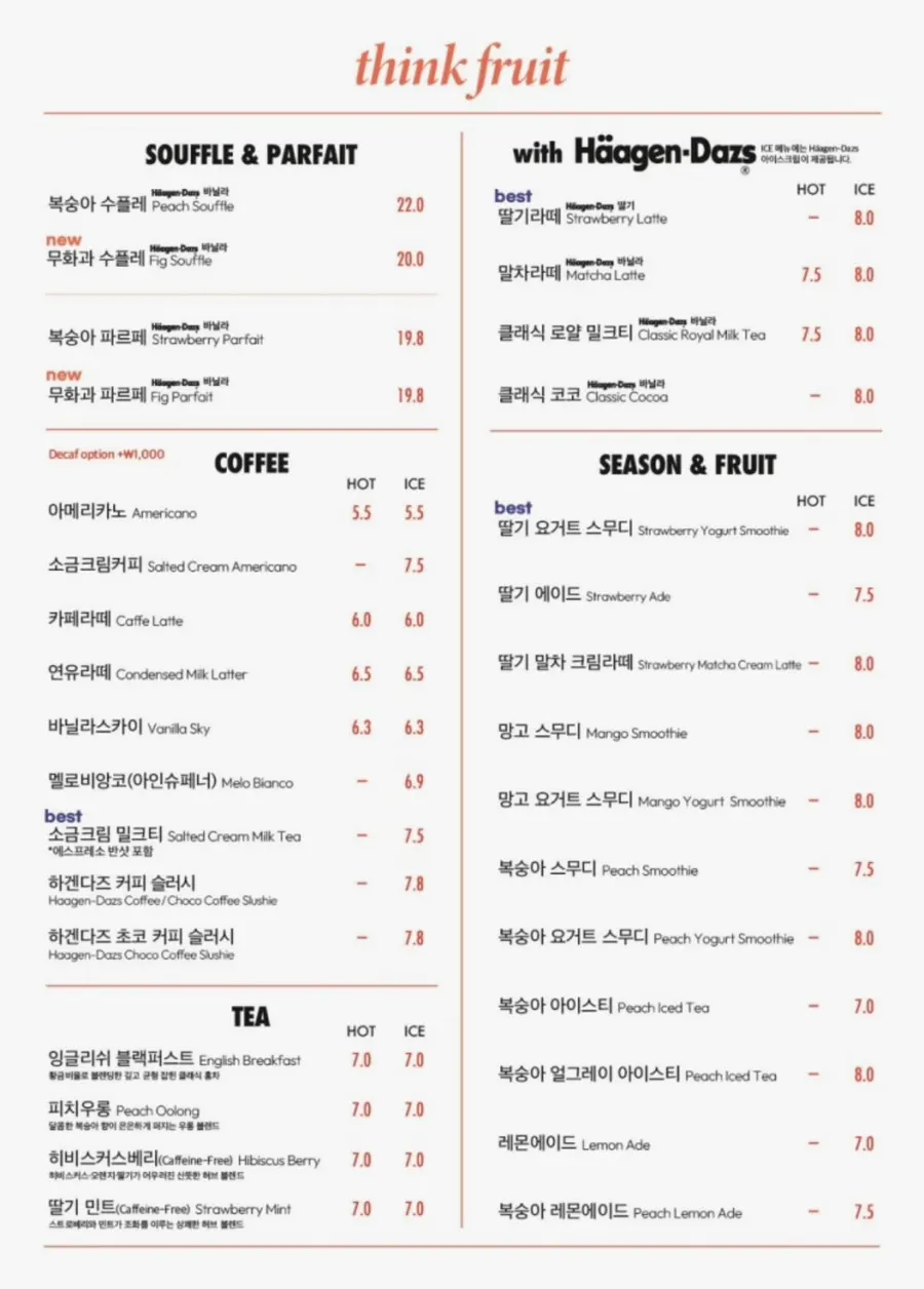 Think Fruit's menu board