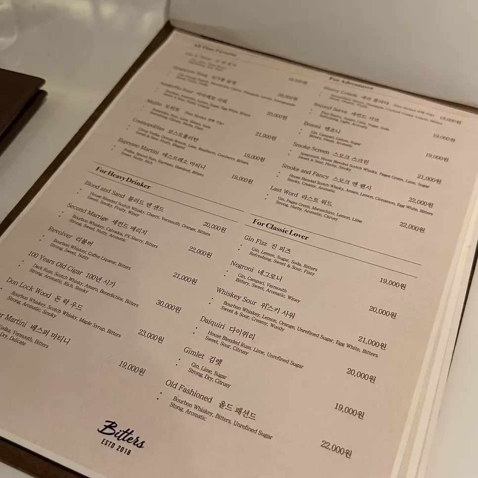 Menu page showing cocktail prices at Bitters