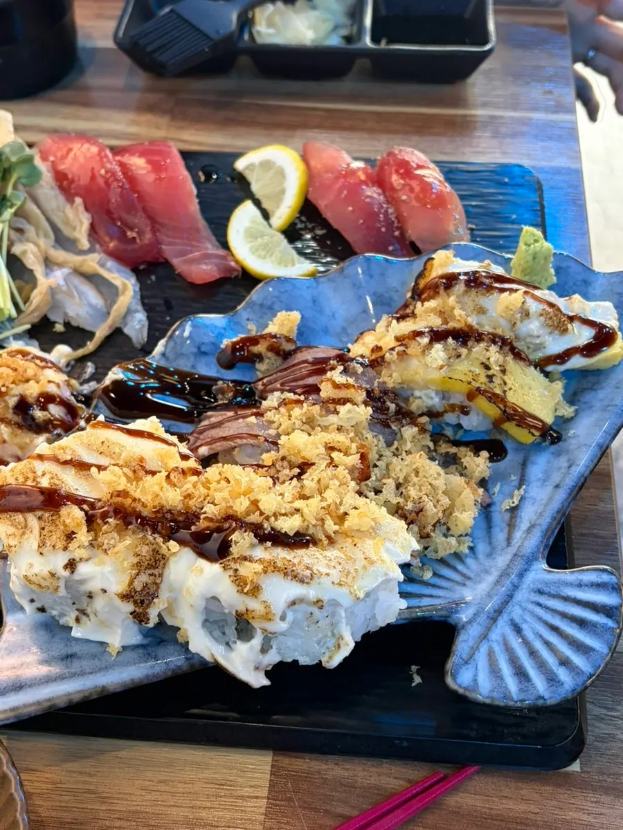 Close-up of extra-long flounder tail sushi