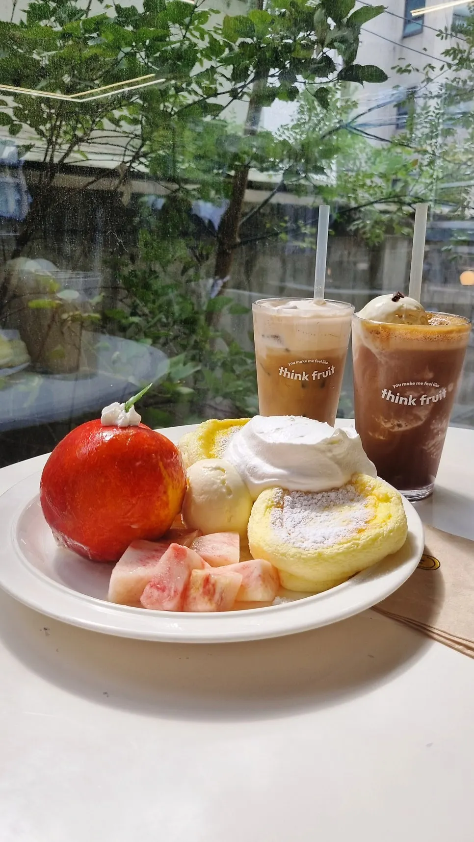 Peach soufflé with choco-coffee slush and salted cream milk tea