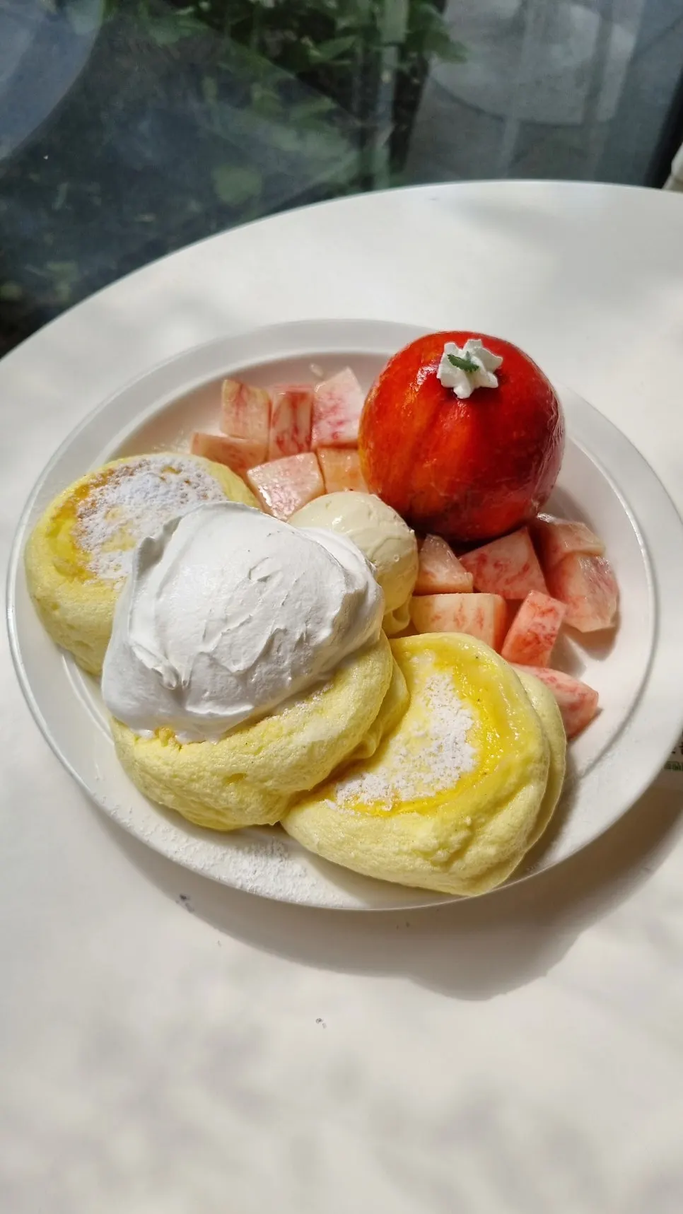 Think Fruit peach soufflé topped with a whole peach