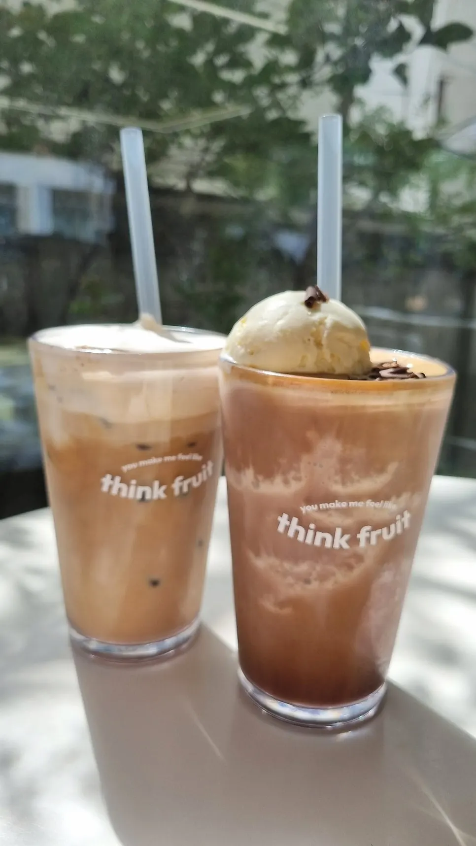 Choco-coffee slush and salted cream milk tea side by side