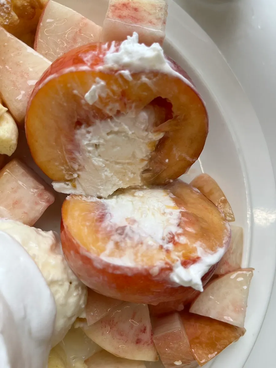 Cross-section of yogurt inside the whole peach