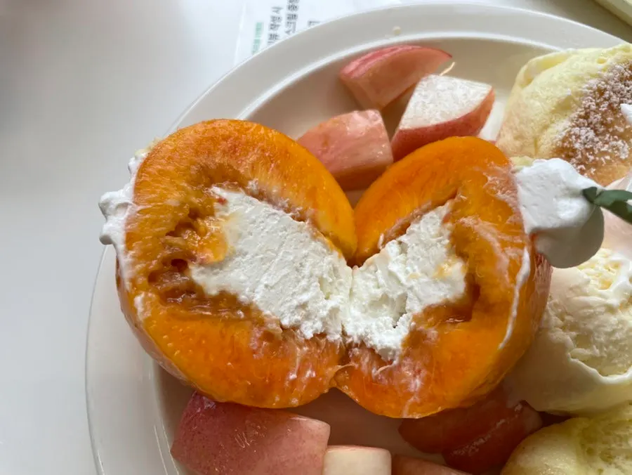 Close-up of the full plate of peach soufflé
