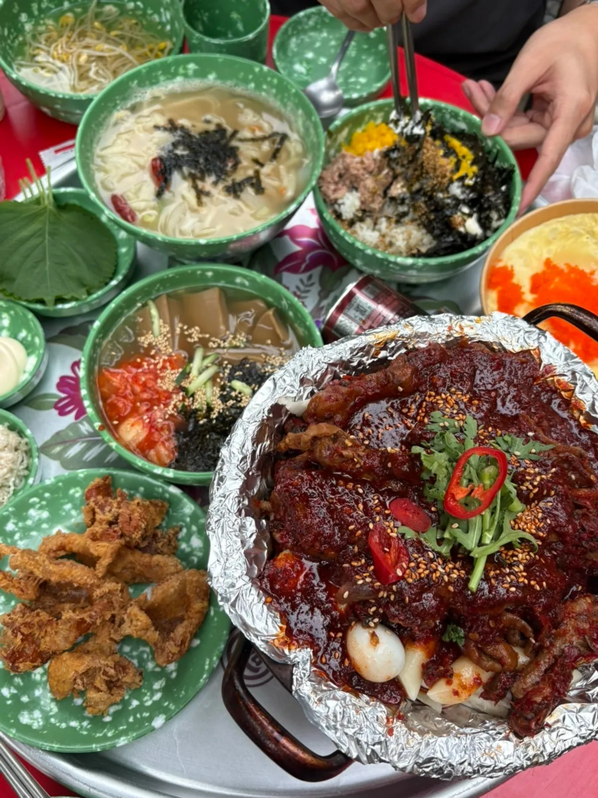 Autumn evening table of chicken feet combo at a Hongdae outdoor bar