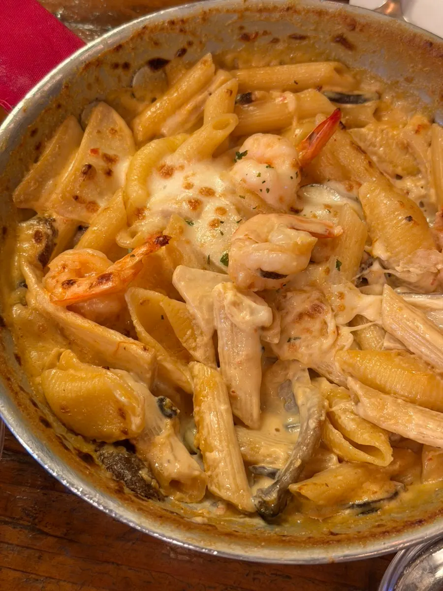 Penne pasta coated in thick cream sauce