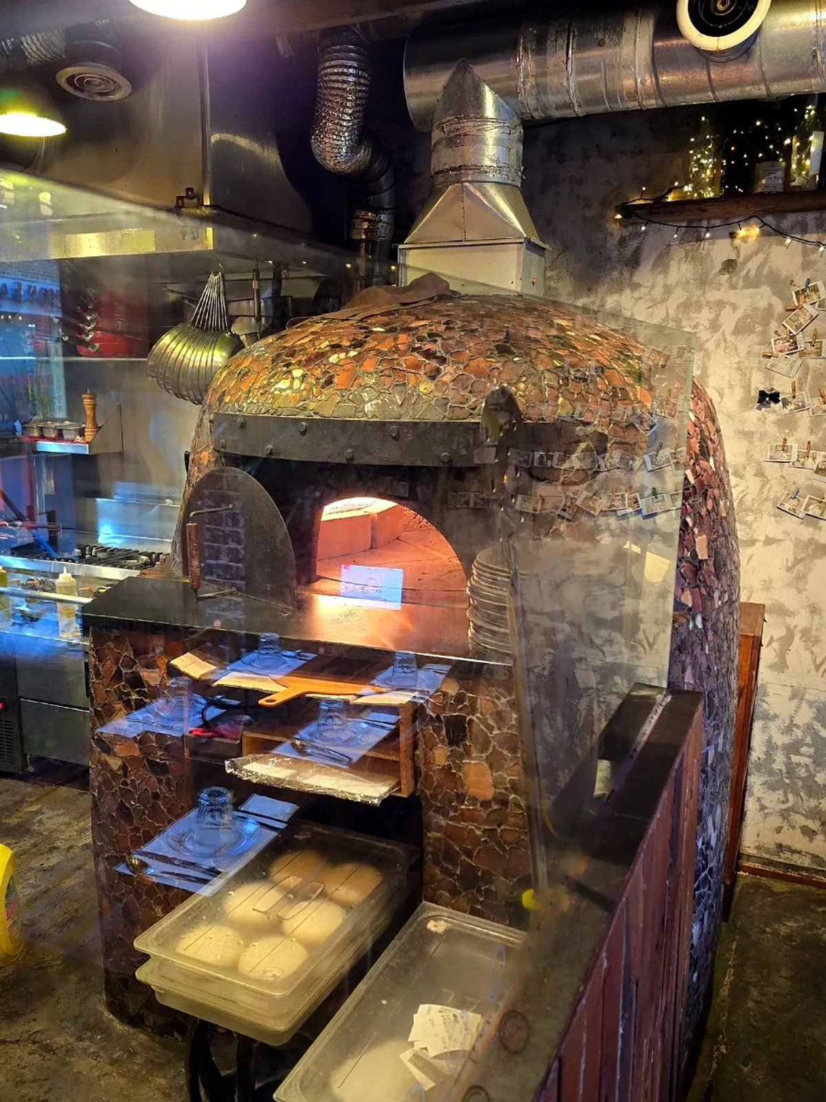 Restaurant interior with wooden tables and soft lighting