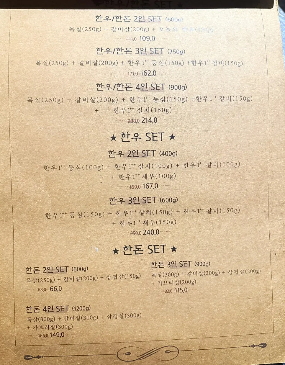 Beef menu board at Gogikkun Gimchunbae Hongdae Supgil Branch