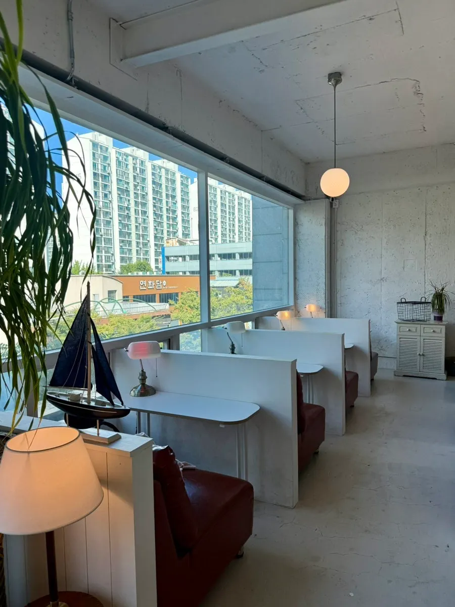 Spacious café hall with sunlight streaming through the floor-to-ceiling windows