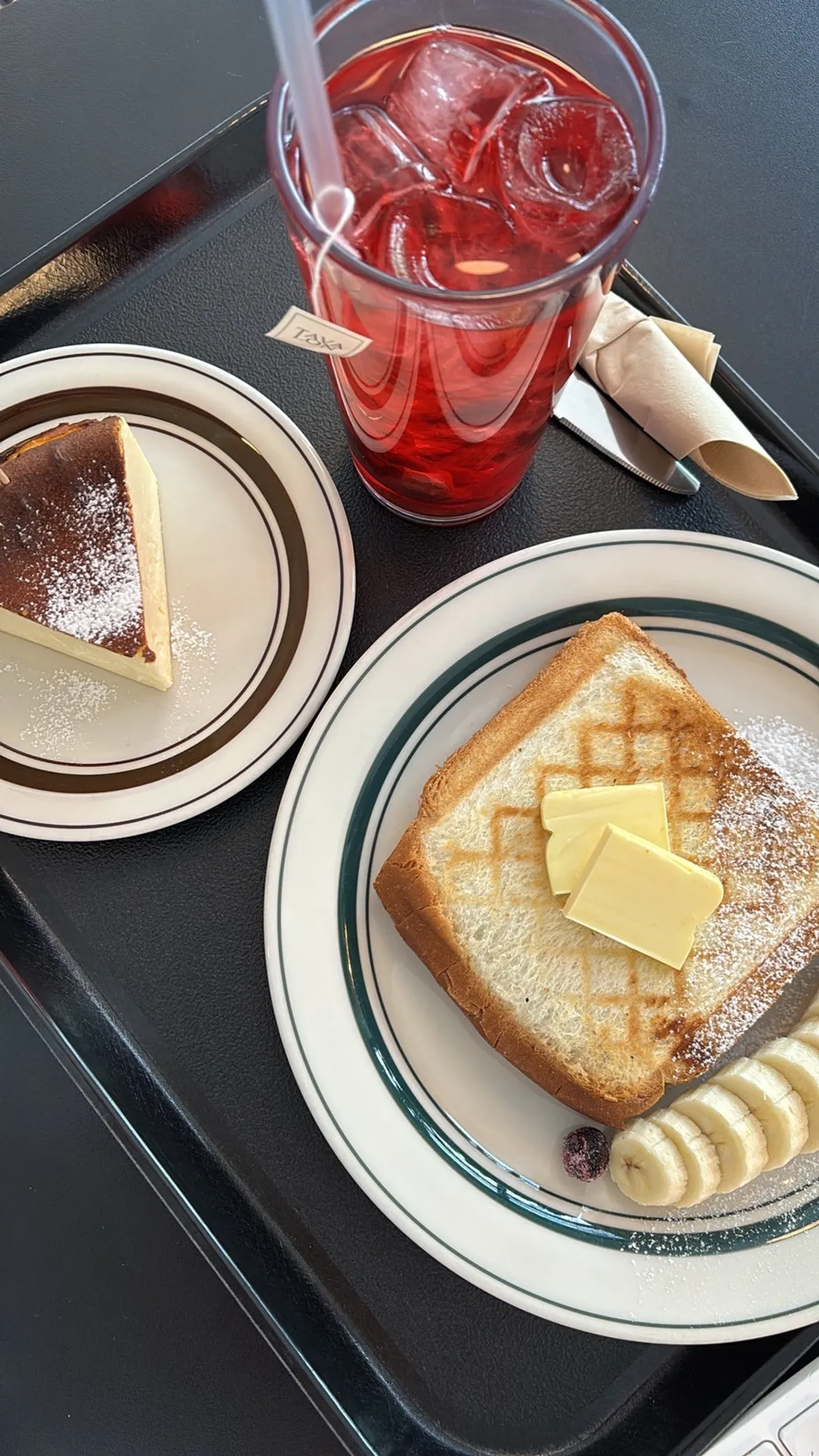 Crimson Punch and kaya jam toast on a tray