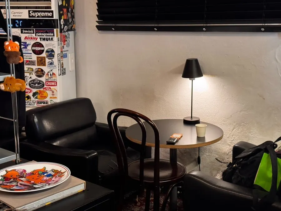 Vintage posters and props decorating the wall
