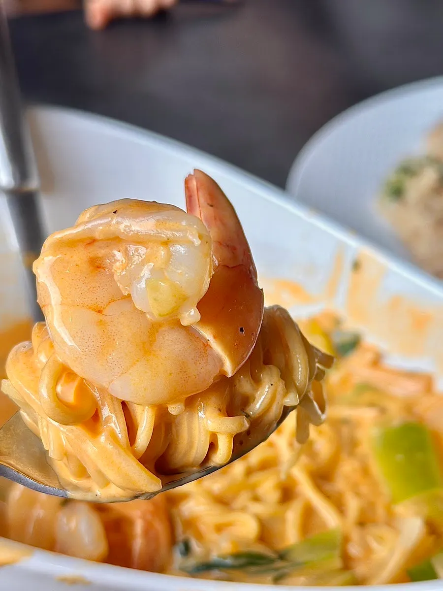 Noodles in spicy cream jjamppong loaded with shrimp