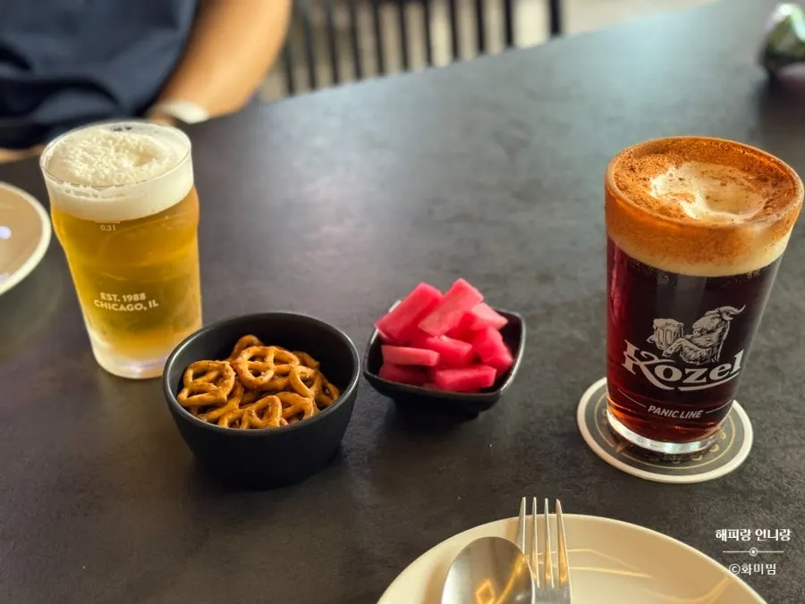 Basic snacks of pretzels and radish pickles