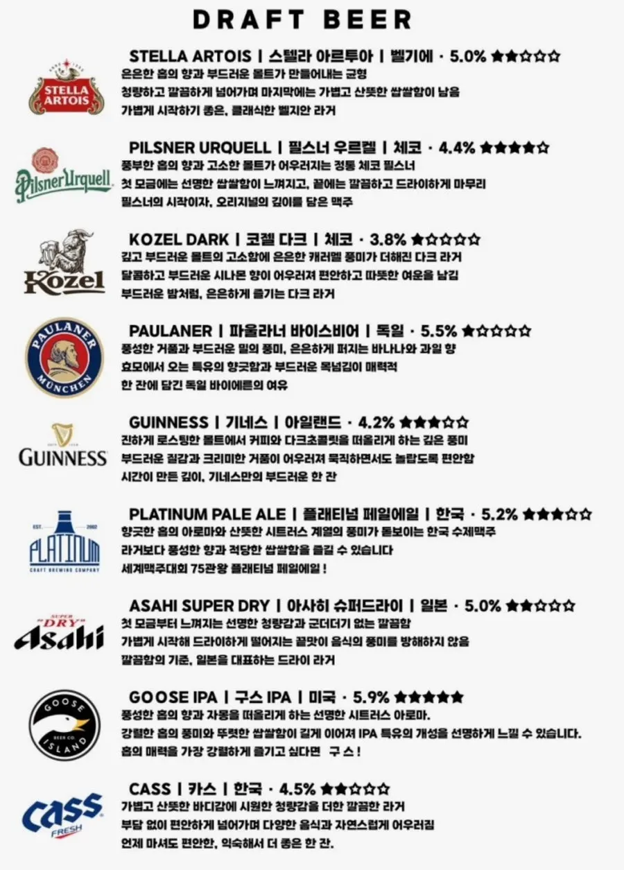 카스, 기네스, 코젤다크 등 생맥주 종류가 적힌 메뉴