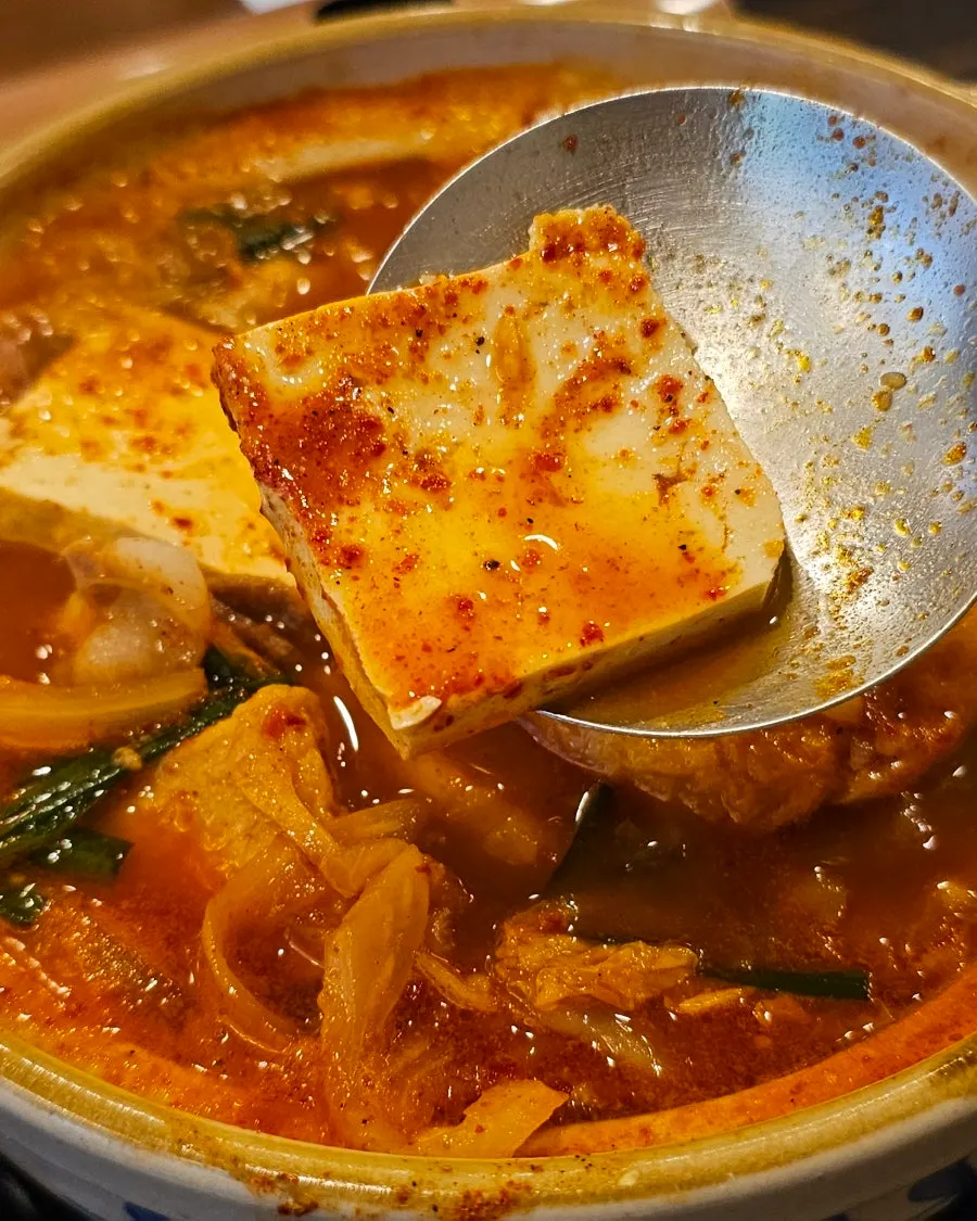 Tofu and fried tofu skin inside the stew