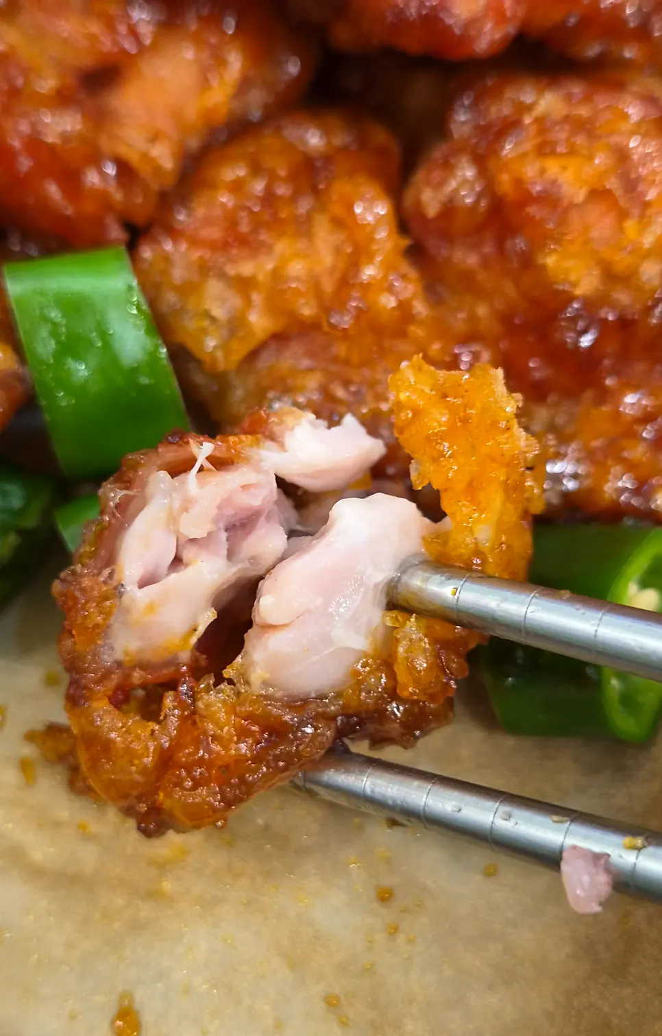Chicken thigh meat inside the dakgangjeong
