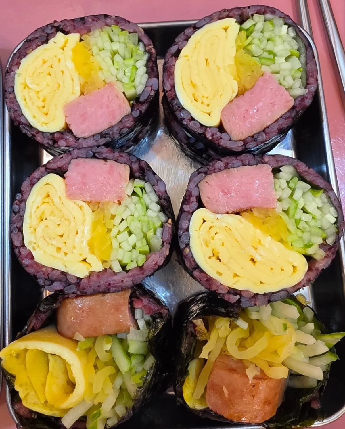 A plate of spam gimbap at Halls Gimbap Main Branch