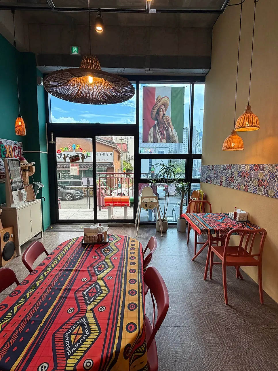 Seating area with colorful tablecloths