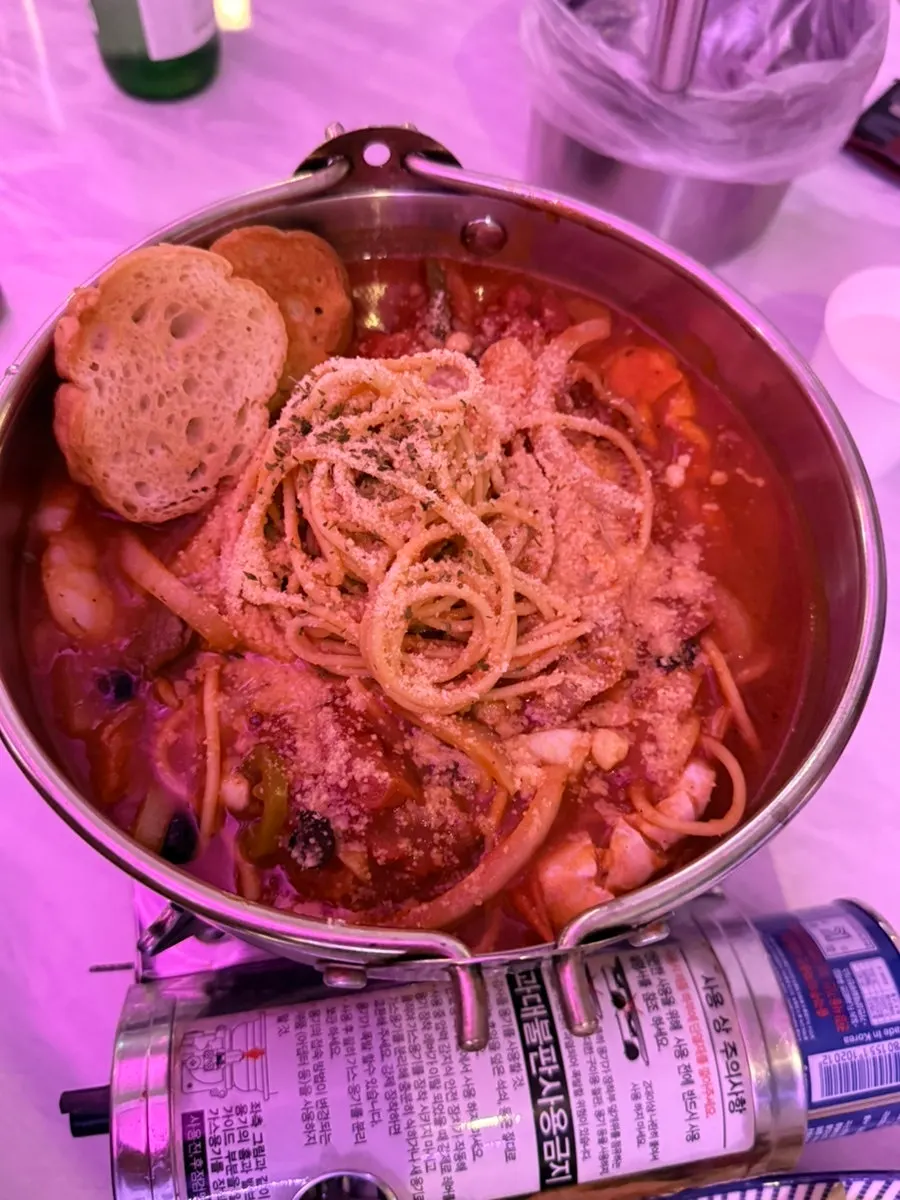 Close-up of tomato haejang pastang with crab and seafood