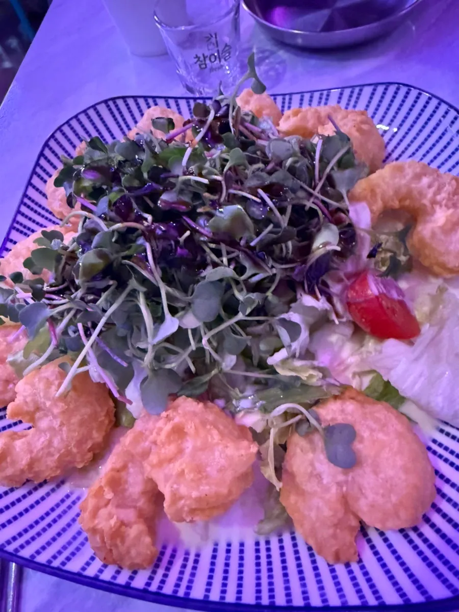 Mango cream shrimp salad drizzled with balsamic