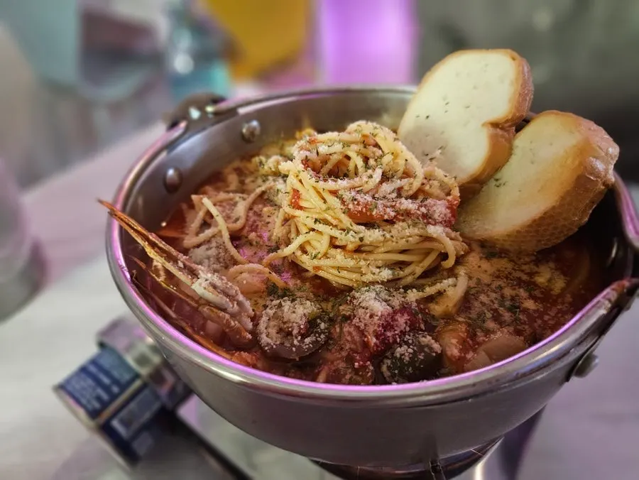 Tomato hangover pasta stew served in a large pot