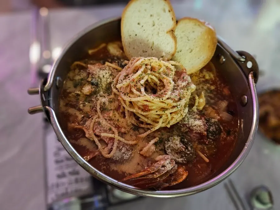 Tomato hangover pasta stew with shrimp and seafood