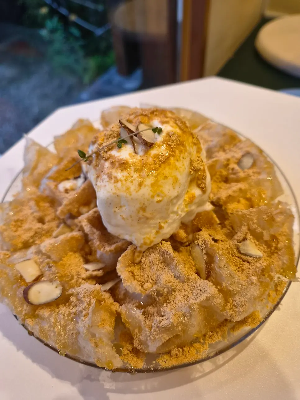 Injeolmi waffle topped with bean powder and ice cream