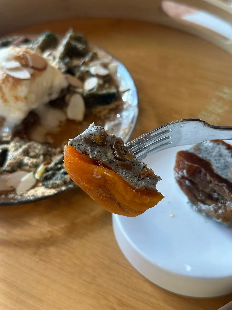 Mugwort injeolmi waffle topped with ice cream and rice cake powder