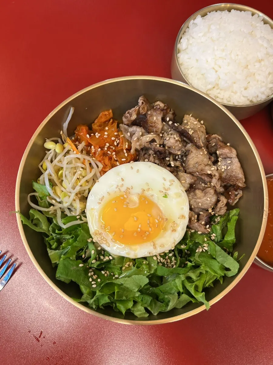 Beef short rib bibimbap served with sauce on the side