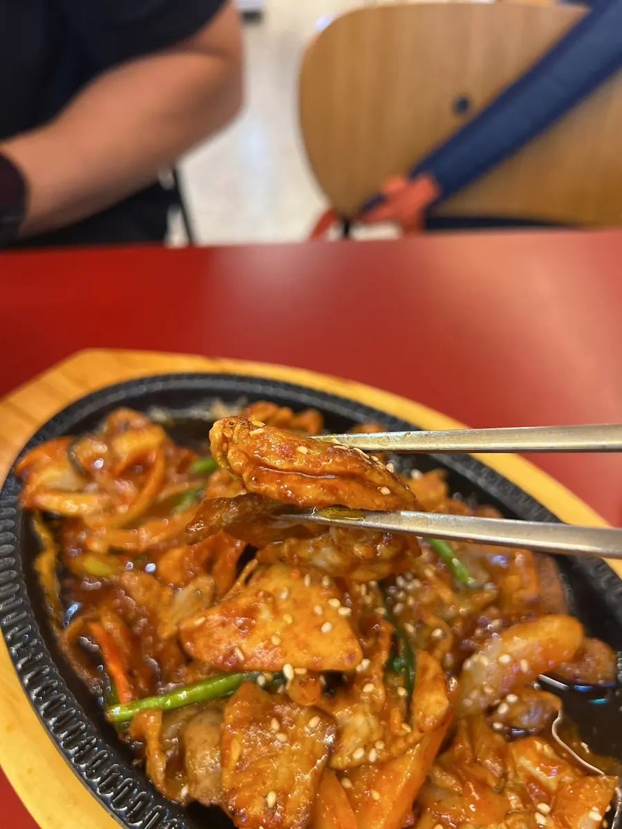 Close-up of pork stir-fry with reduced sauce