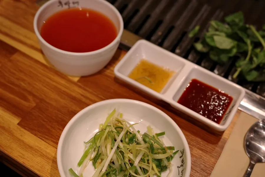 Kimchi jjaglee and fresh wasabi sauces