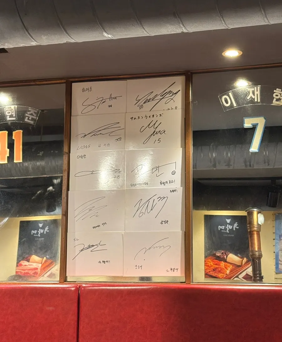 Wall covered with baseball player autographs