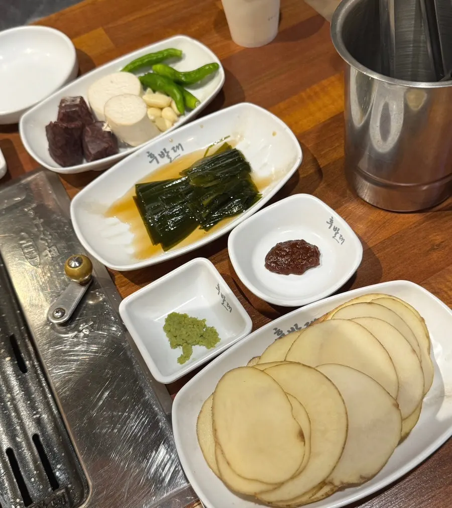 Basic side dish spread including honey potato and basil