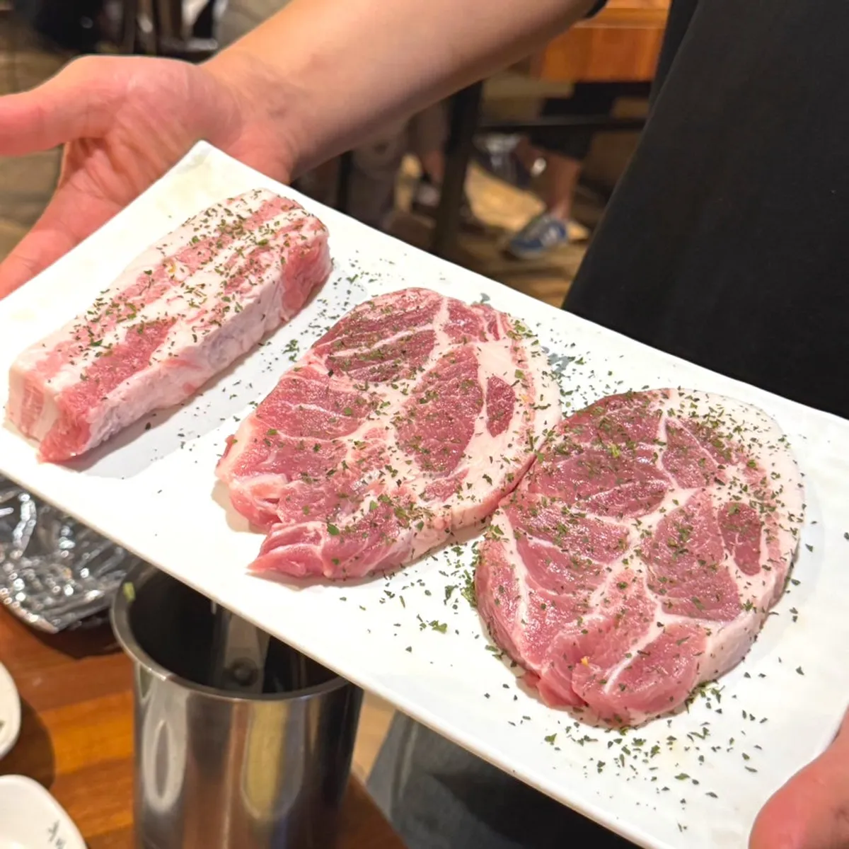 Ordered raw pork: one serving of belly and two of neck