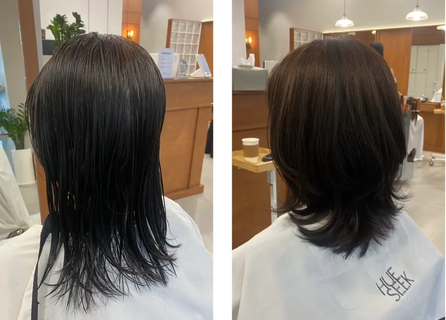 Before and after comparison of the mid-length layered cut