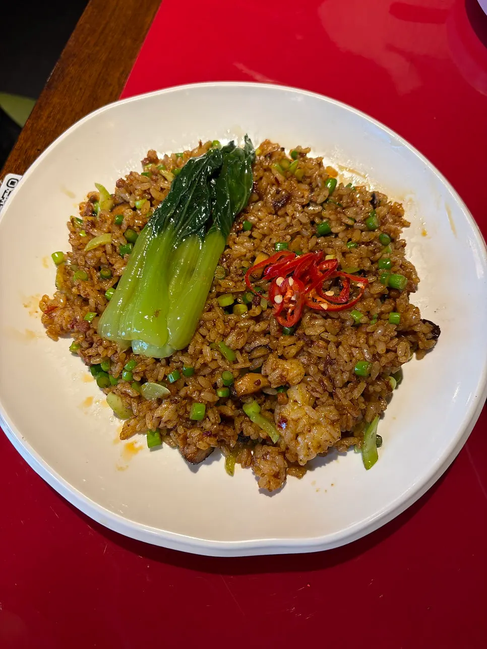 A plate of garlic scape fried rice at Huhugwan