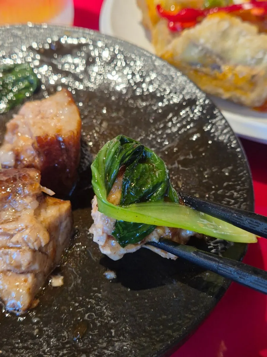 A piece of braised pork belly dipped in sauce