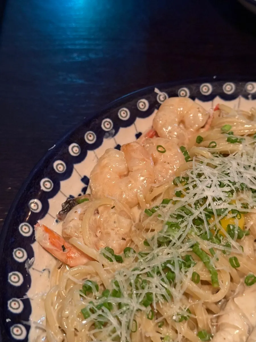 Plump shrimp and crab meat in the kanimiso pasta