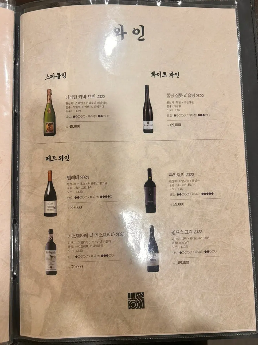 음료와 주류가 적힌 메뉴판