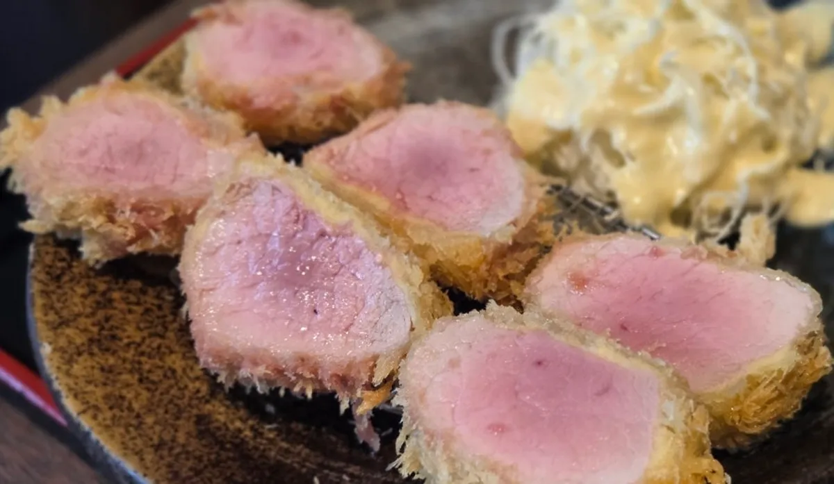 Full fillet katsu set with scallion kimchi, sauce, salt, mustard and wasabi