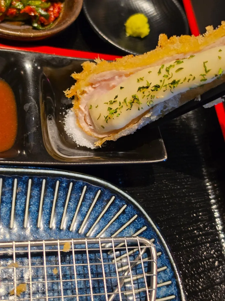 Cross-section of a thick cheese katsu