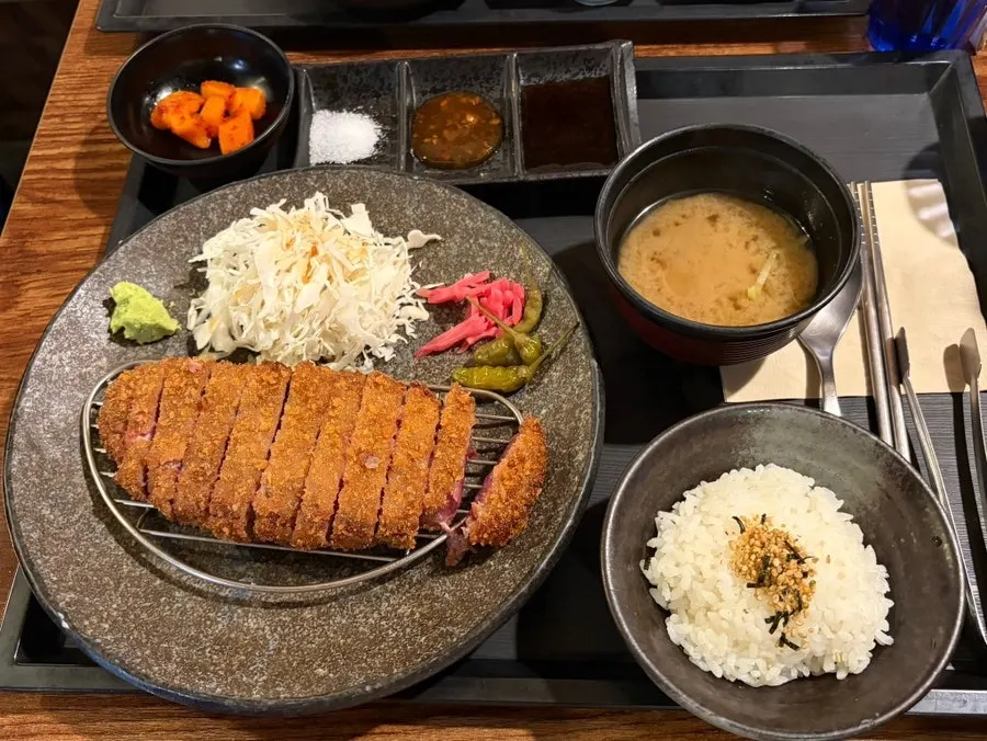 Three sauces served alongside the gyukatsu