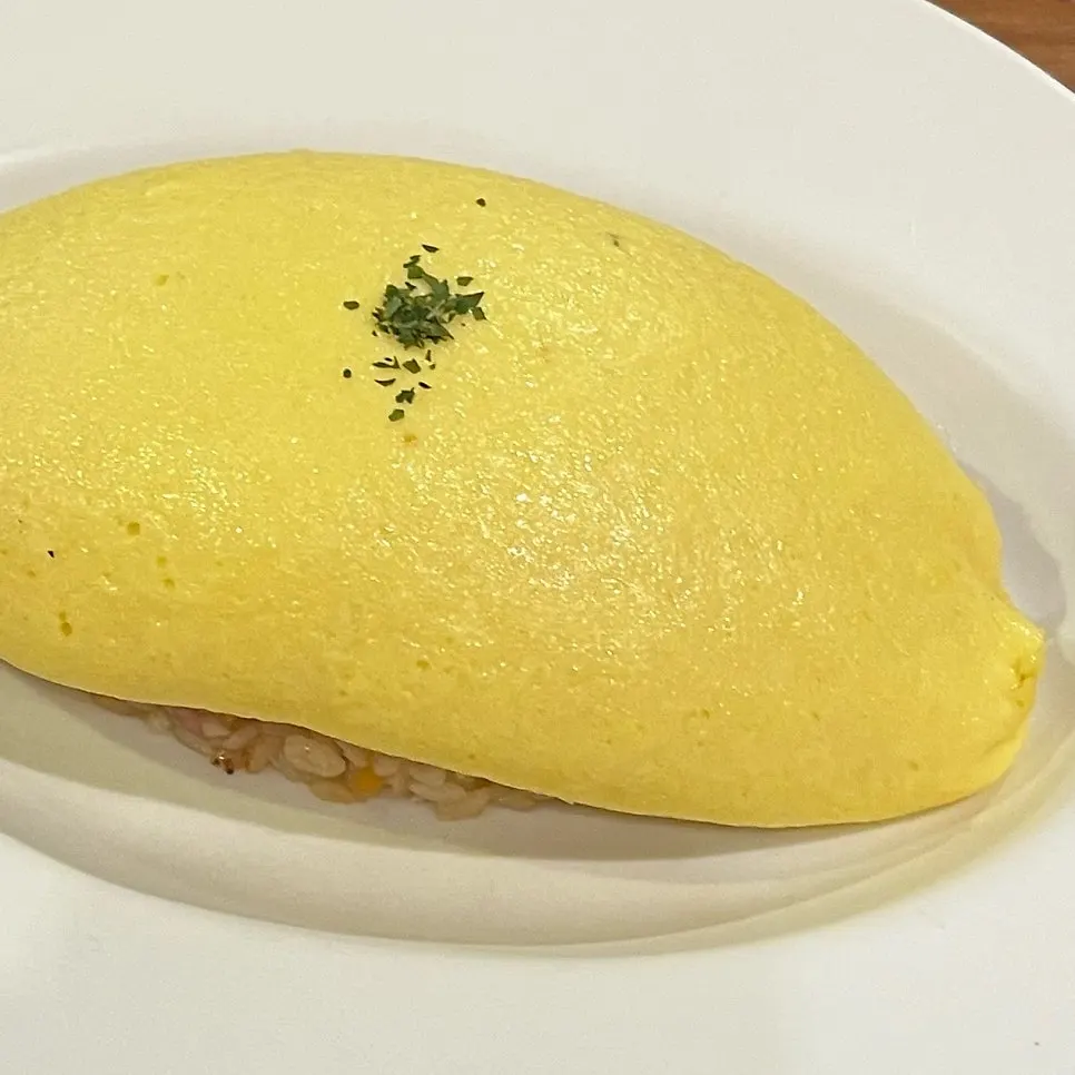 Japanese-style omurice topped with a soft-boiled egg